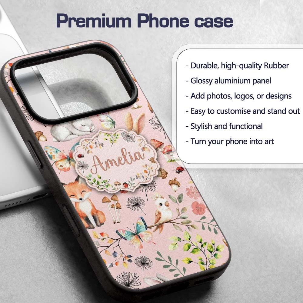 Cute Woodland Animals Rabbit Fox Printed Design Custom Name Protective Phone Case Mobile Cover Durable Everyday Smartphone Shock Resistant