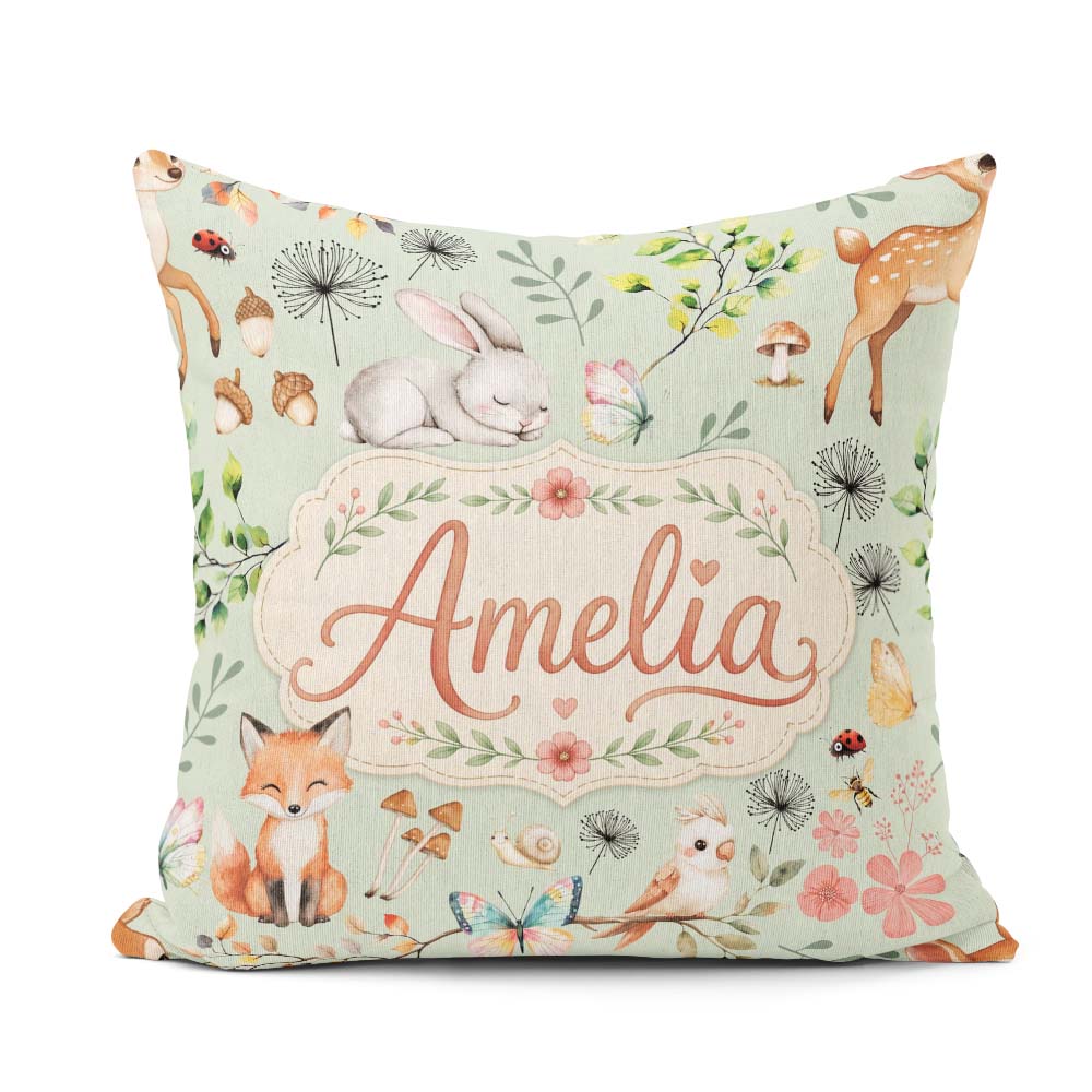 Custom Name Woodland Animals Fox Butterfly Seamless Pattern Sage Square Filled Cushion Throw Pillow Sofa Bed Home Decor Zip Washable UK Made