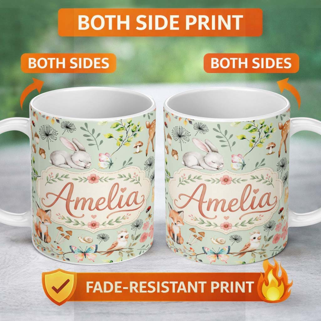 Personalized Custom Name Cute Woodland Animals Rabbit Fox Butterfly Seamless Pattern Sage 11oz Ceramic Coffee Tea Mug White Large Handle