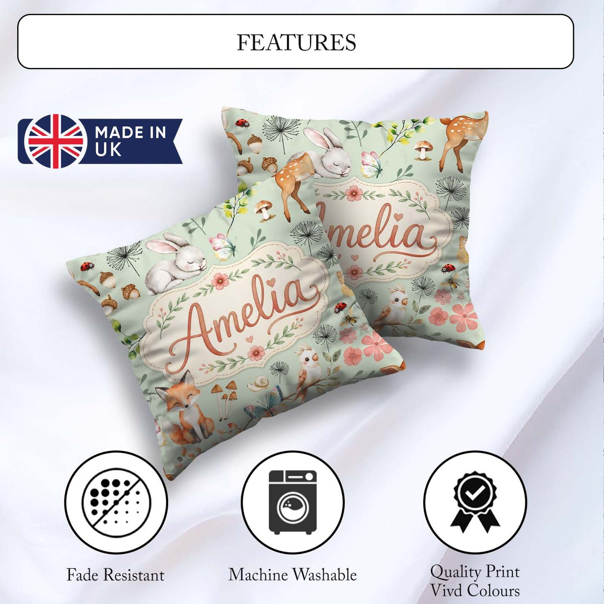 Custom Name Woodland Animals Fox Butterfly Seamless Pattern Sage Square Filled Cushion Throw Pillow Sofa Bed Home Decor Zip Washable UK Made