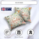 Custom Name Woodland Animals Fox Butterfly Seamless Pattern Sage Square Filled Cushion Throw Pillow Sofa Bed Home Decor Zip Washable UK Made