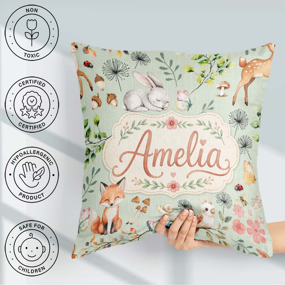 Custom Name Woodland Animals Fox Butterfly Seamless Pattern Sage Square Filled Cushion Throw Pillow Sofa Bed Home Decor Zip Washable UK Made