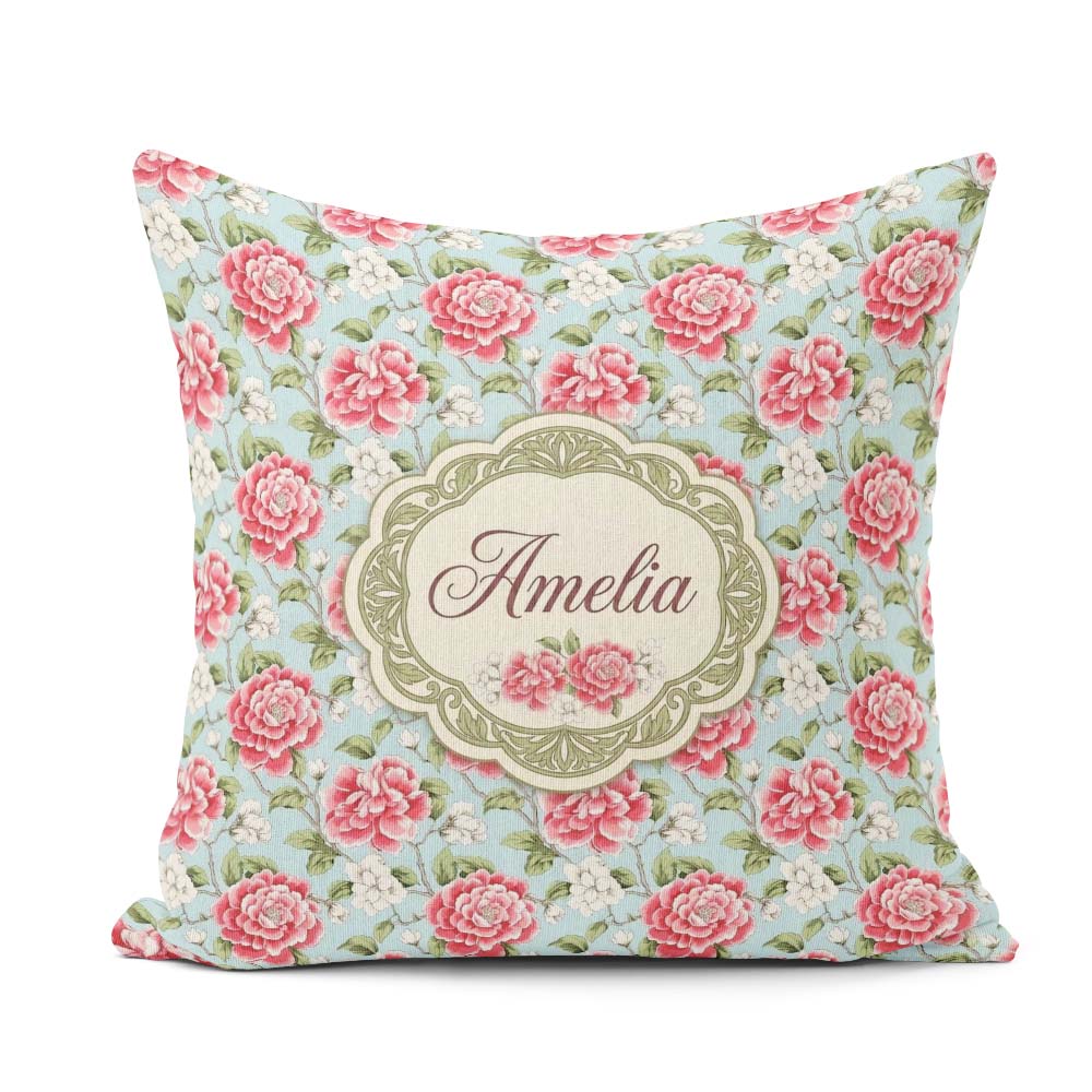 Custom Name Pink and Red Rose Garden Floral Seamless Pattern Square Filled Cushion Throw Pillow Sofa Bed Home Decor Zip Washable UK Made