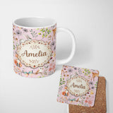 Personalized Custom Name Woodland Animals Rabbit Fox Butterfly Seamless Pattern Soft Pink 11oz Ceramic Coffee Tea Mug White Large Handle