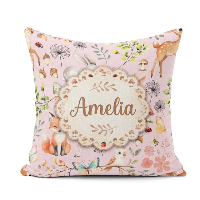Custom Name Woodland Animals Fox Butterfly Seamless Pattern Soft Square Filled Cushion Throw Pillow Sofa Bed Home Decor Zip Washable UK Made