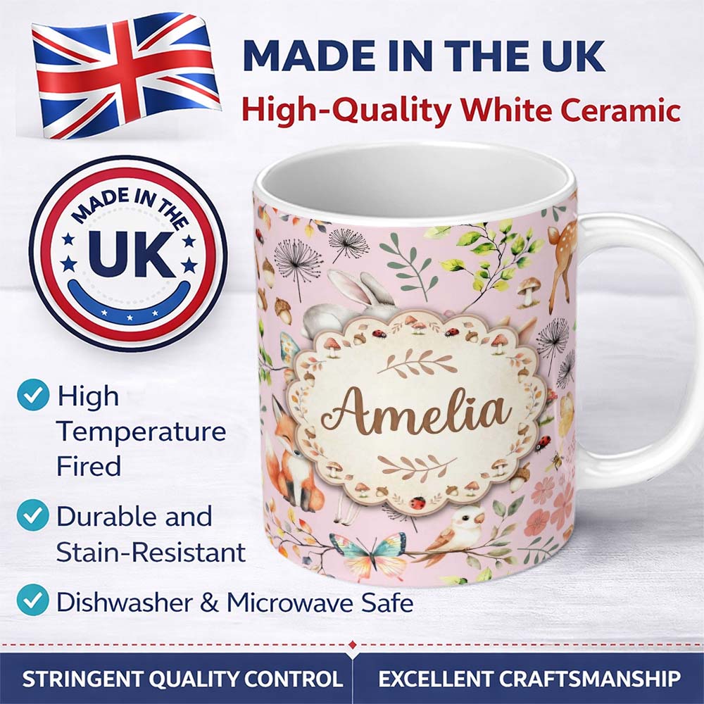 Personalized Custom Name Woodland Animals Rabbit Fox Butterfly Seamless Pattern Soft Pink 11oz Ceramic Coffee Tea Mug White Large Handle