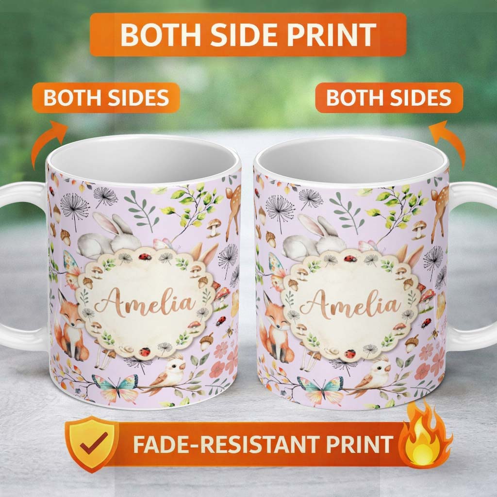 Personalized Custom Name Cute Woodland Animals Rabbit Fox Butterfly Seamless Pattern 11oz Ceramic Coffee Tea Mug White Large Handle