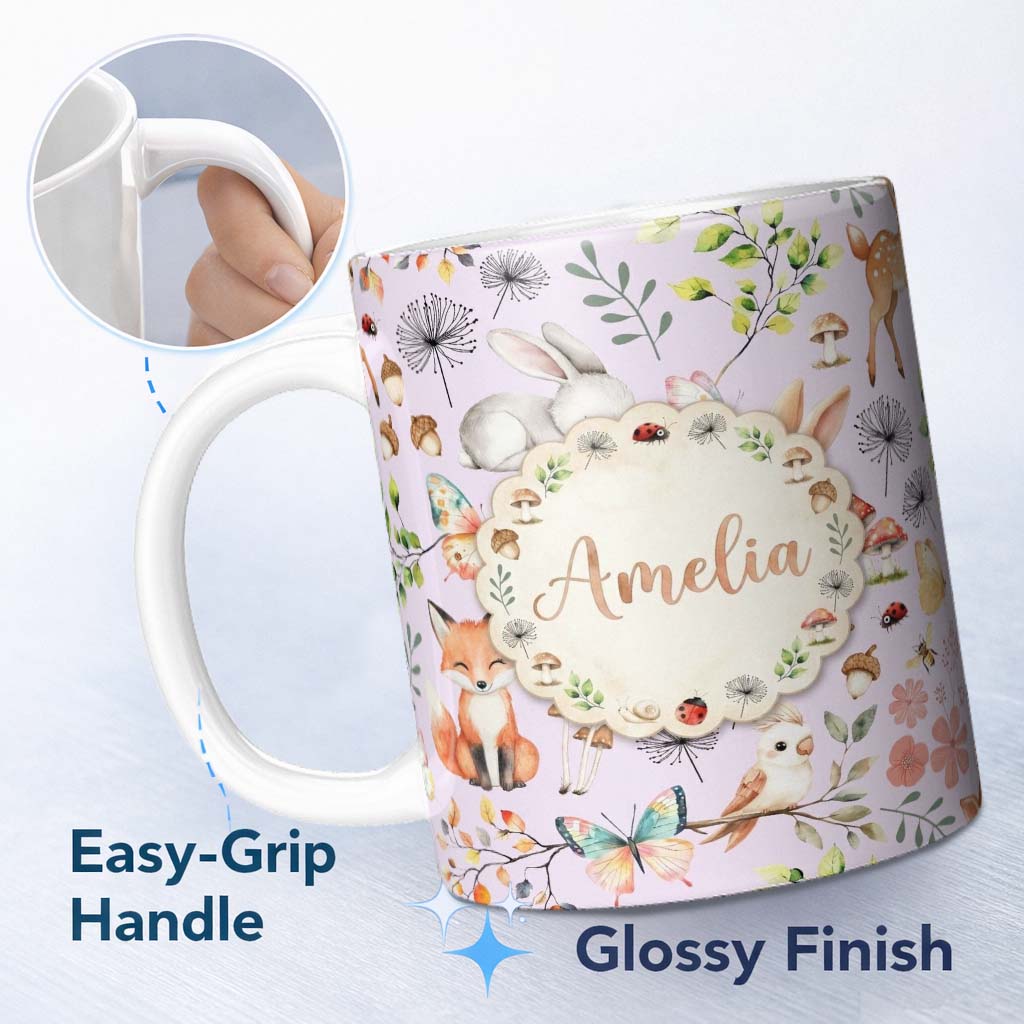 Personalized Custom Name Cute Woodland Animals Rabbit Fox Butterfly Seamless Pattern 11oz Ceramic Coffee Tea Mug White Large Handle