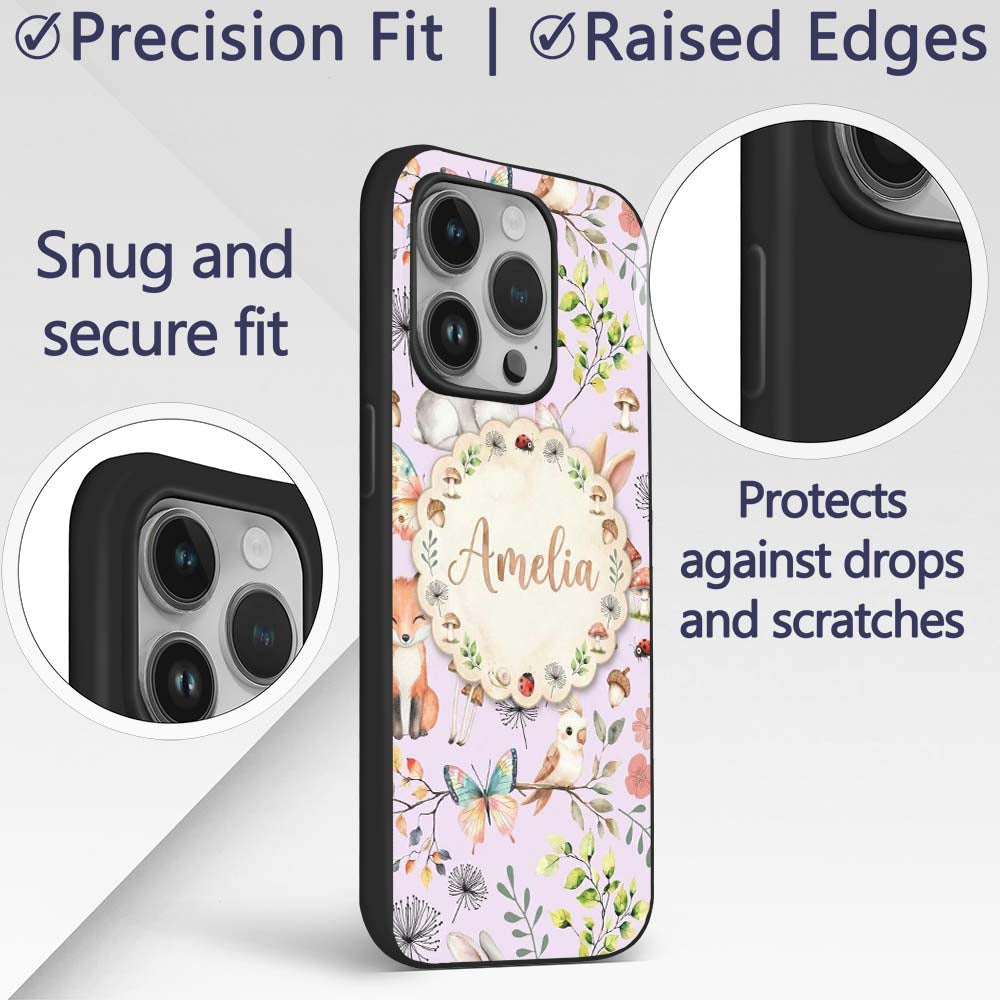 Cute Woodland Animals Rabbit Fox Printed Design Custom Name Protective Phone Case Mobile Cover Durable Everyday Smartphone Shock Resistant