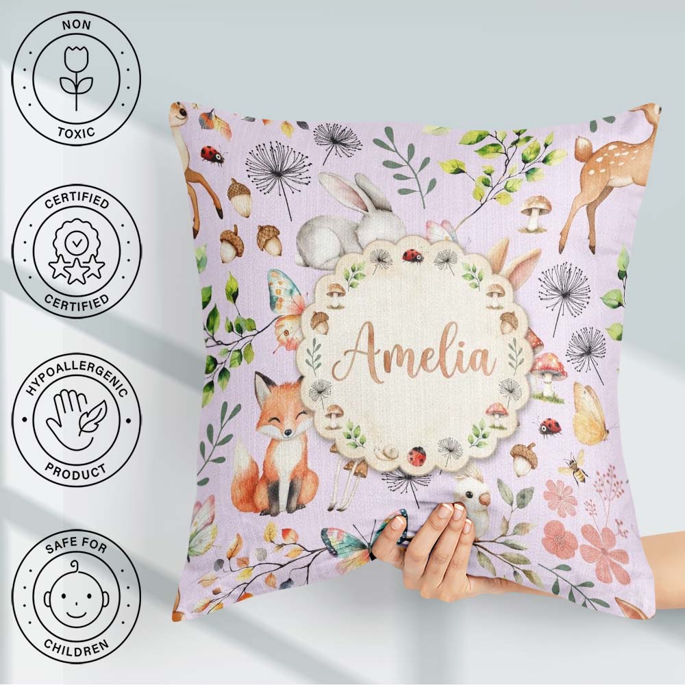 Custom Name Cute Woodland Animals Fox Butterfly Seamless Pattern Square Filled Cushion Throw Pillow Sofa Bed Home Decor Zip Washable UK Made