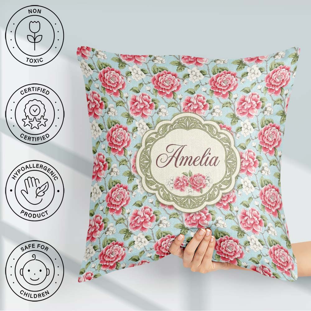 Custom Name Pink and Red Rose Garden Floral Seamless Pattern Square Filled Cushion Throw Pillow Sofa Bed Home Decor Zip Washable UK Made