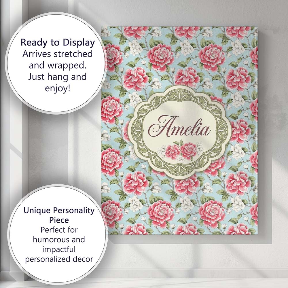 Personalised Name Pink and Red Rose Garden Floral Seamless Pattern Custom  Unique Canvas Wall Art Print Decor Picture Ready to Hang