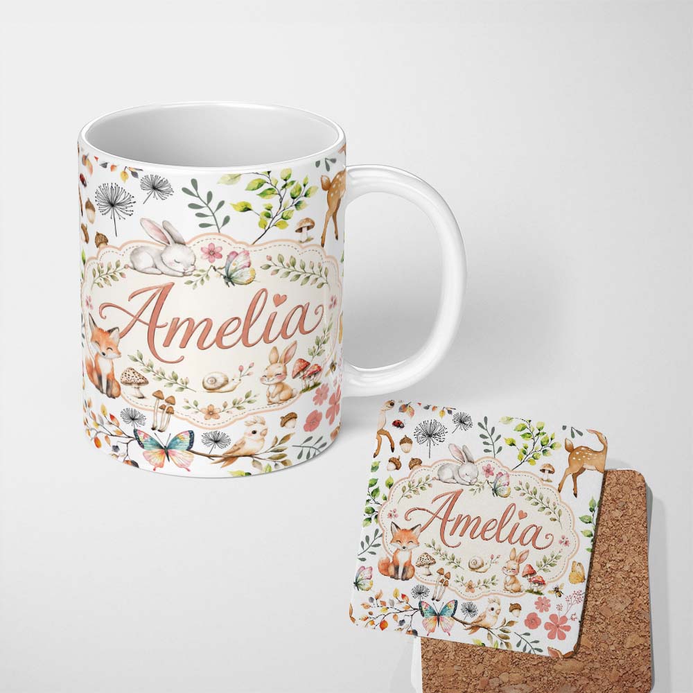 Personalized Custom Name Cute Woodland Animals Rabbit Fox Butterfly Seamless Pattern Grey 11oz Ceramic Coffee Tea Mug White Large Handle