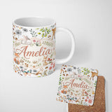 Personalized Custom Name Cute Woodland Animals Rabbit Fox Butterfly Seamless Pattern Grey 11oz Ceramic Coffee Tea Mug White Large Handle