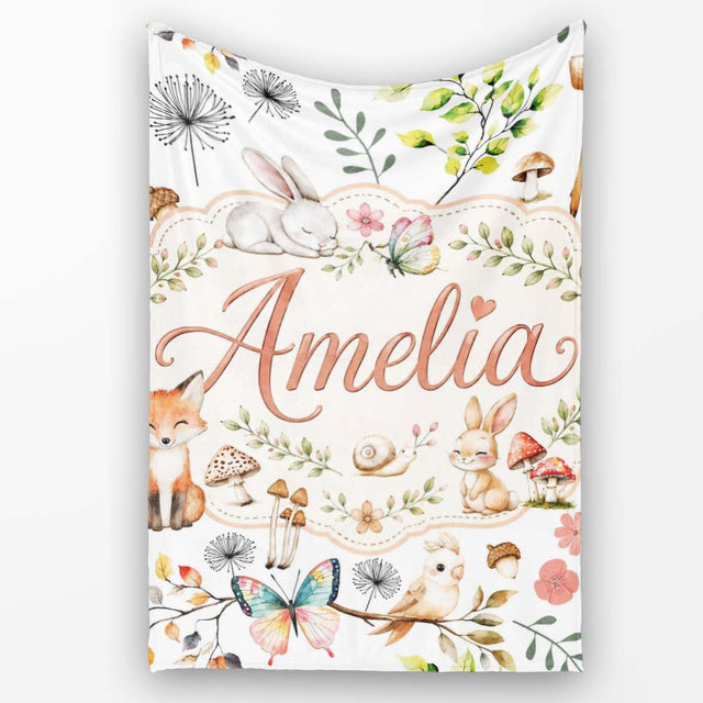 Cute Woodland Animals Rabbit Fox Butterfly Seamless Pattern Grey  Personalised Custom Name Super Soft Fleece Blanket Bed Sofa Throw