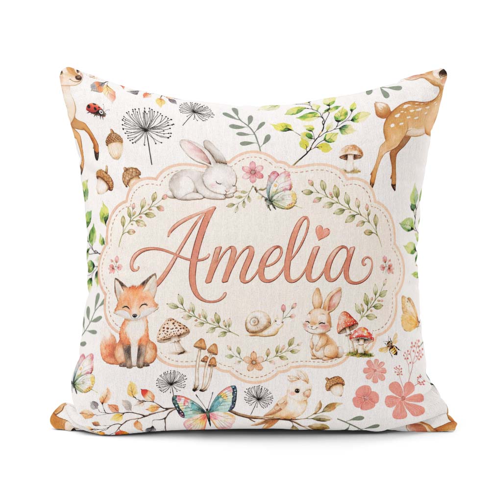 Custom Name Woodland Animals Fox Butterfly Seamless Pattern Grey Square Filled Cushion Throw Pillow Sofa Bed Home Decor Zip Washable UK Made