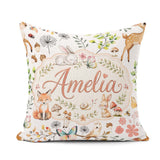 Custom Name Woodland Animals Fox Butterfly Seamless Pattern Grey Square Filled Cushion Throw Pillow Sofa Bed Home Decor Zip Washable UK Made
