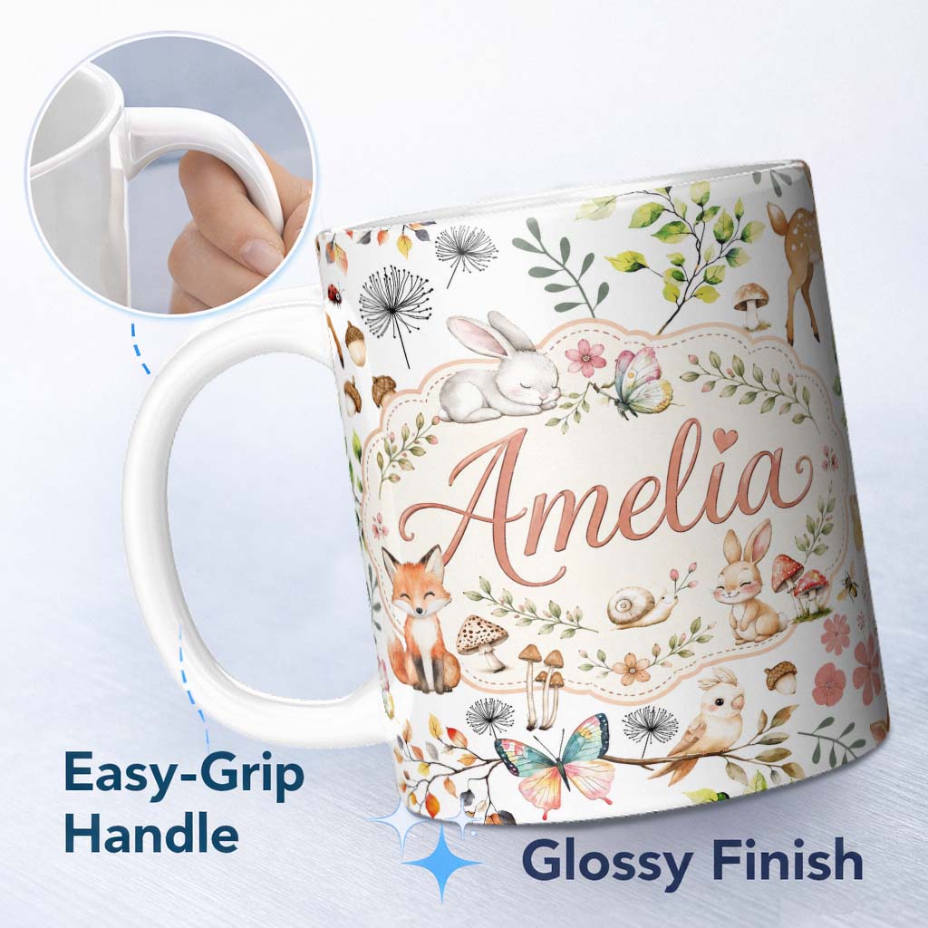 Personalized Custom Name Cute Woodland Animals Rabbit Fox Butterfly Seamless Pattern Grey 11oz Ceramic Coffee Tea Mug White Large Handle