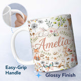 Personalized Custom Name Cute Woodland Animals Rabbit Fox Butterfly Seamless Pattern Grey 11oz Ceramic Coffee Tea Mug White Large Handle