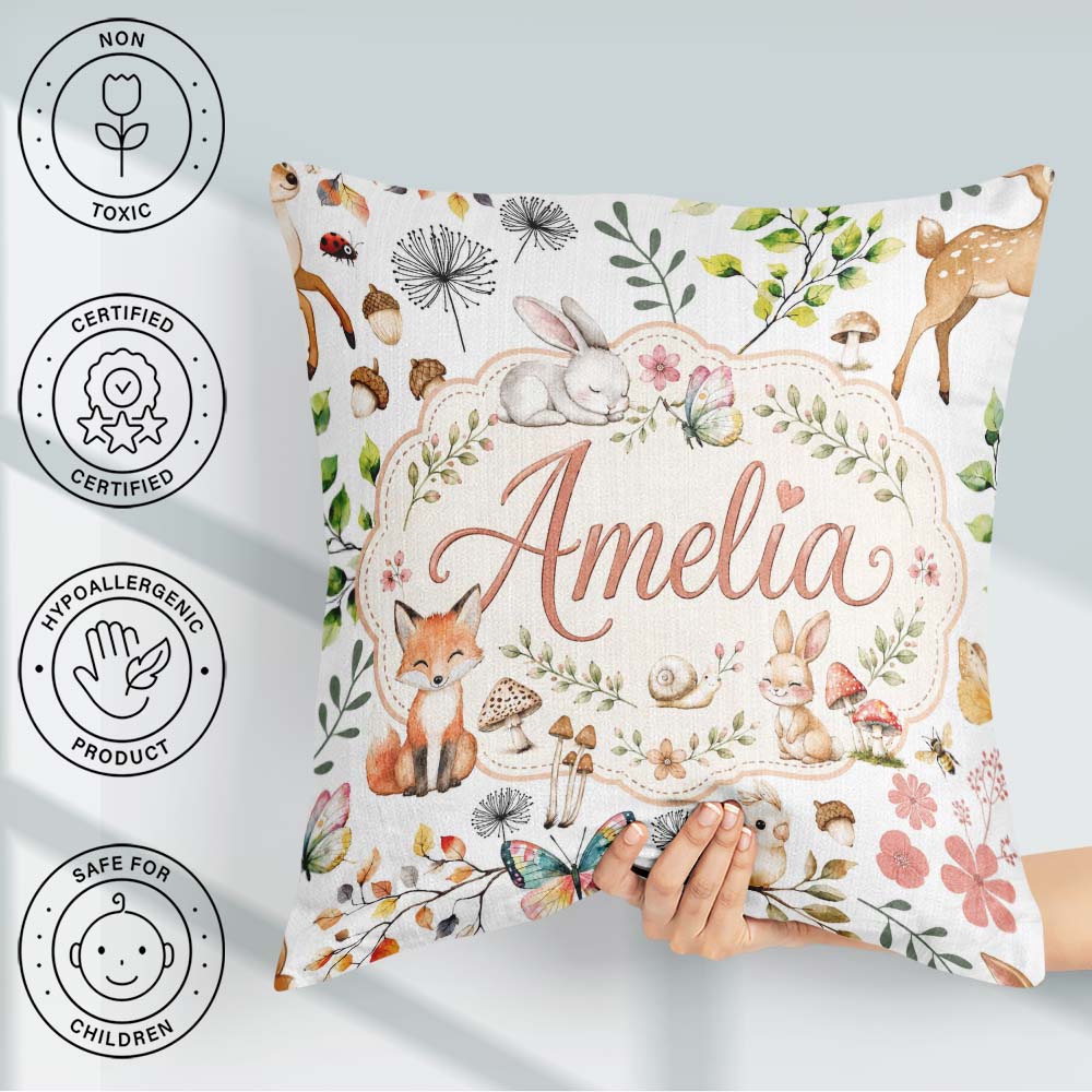 Custom Name Woodland Animals Fox Butterfly Seamless Pattern Grey Square Filled Cushion Throw Pillow Sofa Bed Home Decor Zip Washable UK Made