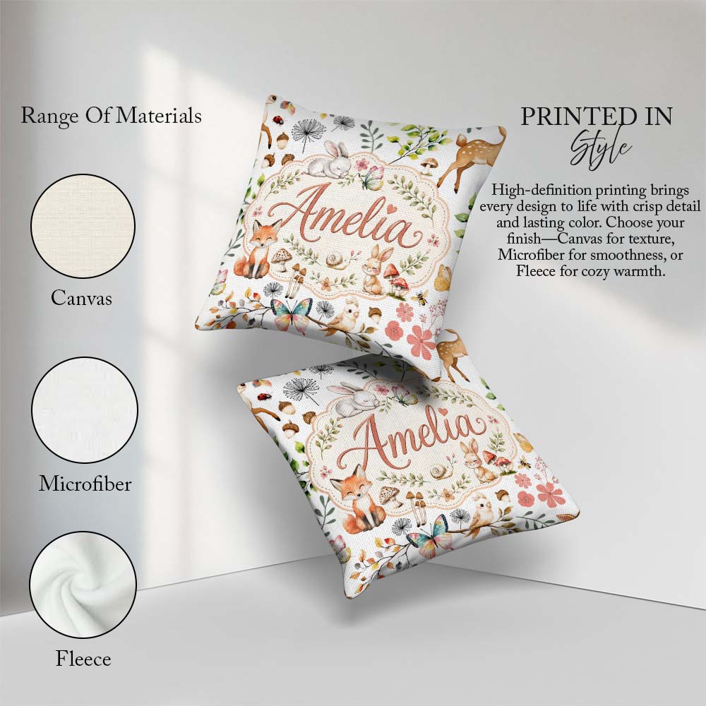 Custom Name Woodland Animals Fox Butterfly Seamless Pattern Grey Square Filled Cushion Throw Pillow Sofa Bed Home Decor Zip Washable UK Made