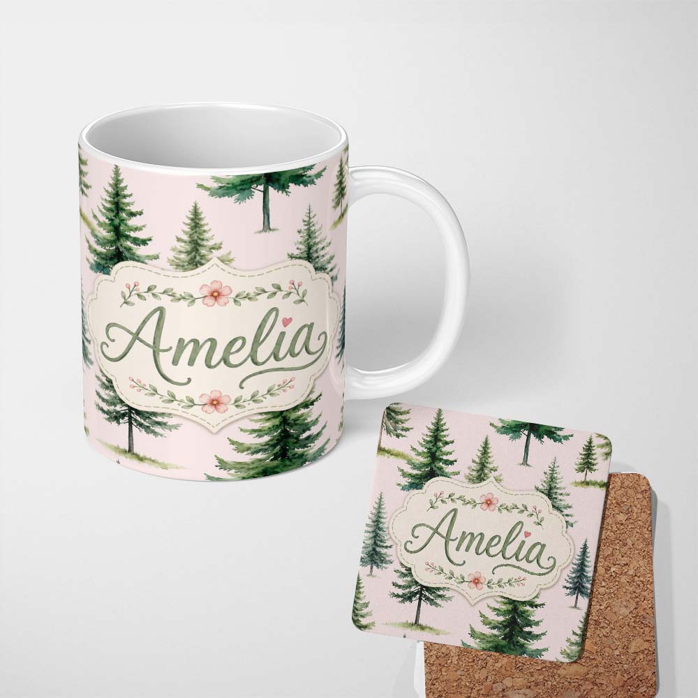 Personalized Custom Name Watercolor Pine Tree Forest Seamless Pattern Blush Background Name 11oz Ceramic Coffee Tea Mug White Large Handle