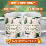 Personalized Custom Name Watercolor Pine Tree Forest Seamless Pattern Blush Background Name 11oz Ceramic Coffee Tea Mug White Large Handle