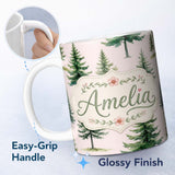 Personalized Custom Name Watercolor Pine Tree Forest Seamless Pattern Blush Background Name 11oz Ceramic Coffee Tea Mug White Large Handle