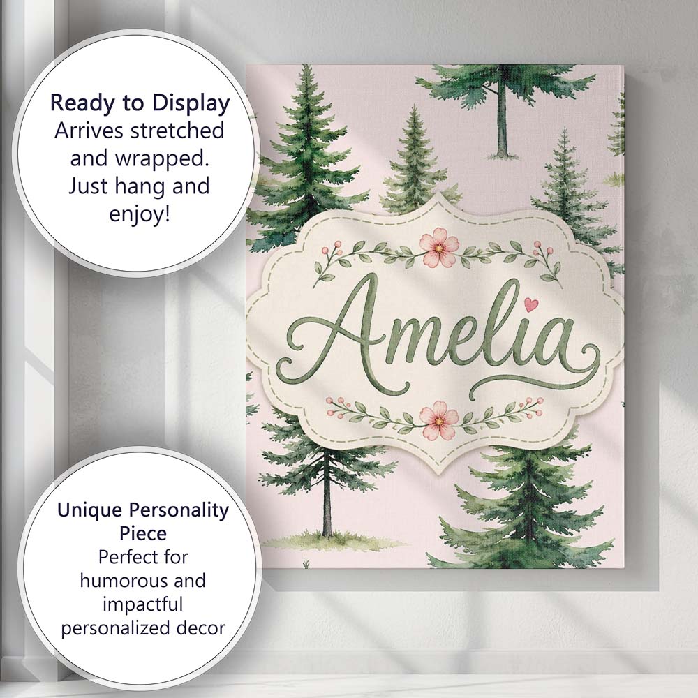 Personalised Name Watercolor Pine Tree Custom  Modern Room Accent Elegant Feature Canvas Wall Art Print Decor Picture Ready to Hang