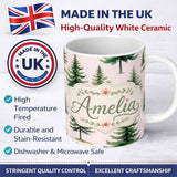 Personalized Custom Name Watercolor Pine Tree Forest Seamless Pattern Blush Background Name 11oz Ceramic Coffee Tea Mug White Large Handle