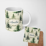 Personalized Custom Name Watercolor Pine Tree Forest Seamless Pattern Cream Background Name 11oz Ceramic Coffee Tea Mug White Large Handle