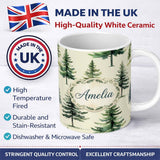 Personalized Custom Name Watercolor Pine Tree Forest Seamless Pattern Cream Background Name 11oz Ceramic Coffee Tea Mug White Large Handle