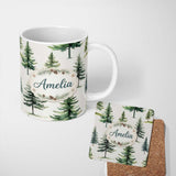Personalized Custom Name Watercolor Pine Tree Forest Seamless Pattern Neutral Background 11oz Ceramic Coffee Tea Mug White Large Handle