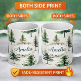 Personalized Custom Name Watercolor Pine Tree Forest Seamless Pattern Neutral Background 11oz Ceramic Coffee Tea Mug White Large Handle