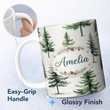 Personalized Custom Name Watercolor Pine Tree Forest Seamless Pattern Neutral Background 11oz Ceramic Coffee Tea Mug White Large Handle