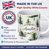 Personalized Custom Name Watercolor Pine Tree Forest Seamless Pattern Neutral Background 11oz Ceramic Coffee Tea Mug White Large Handle
