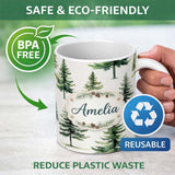 Personalized Custom Name Watercolor Pine Tree Forest Seamless Pattern Neutral Background 11oz Ceramic Coffee Tea Mug White Large Handle