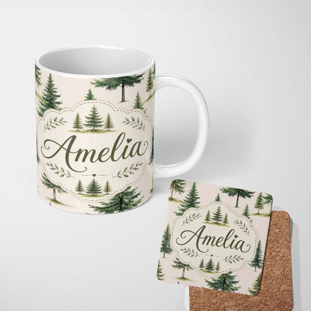 Personalized Custom Name Watercolor Pine Tree Forest Seamless Pattern Light Cream Background 11oz Ceramic Coffee Tea Mug White Large Handle