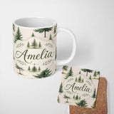 Personalized Custom Name Watercolor Pine Tree Forest Seamless Pattern Light Cream Background 11oz Ceramic Coffee Tea Mug White Large Handle