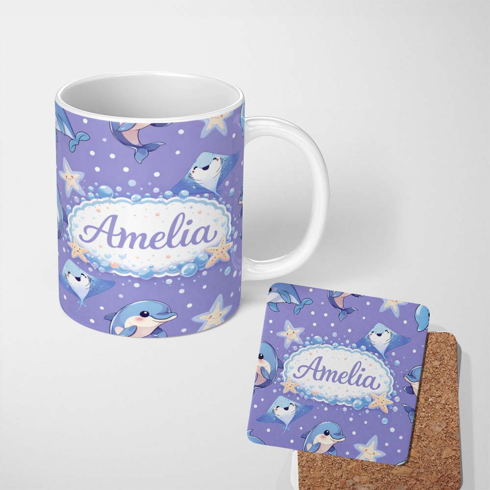Personalized Custom Name Cute Dolphin Stingray Starfish Ocean Sea Life Blue Purple Background 11oz Ceramic Coffee Tea Mug White Large Handle
