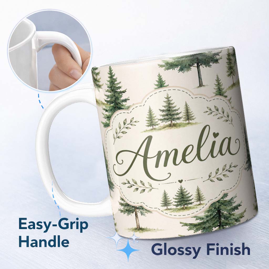 Personalized Custom Name Watercolor Pine Tree Forest Seamless Pattern Light Cream Background 11oz Ceramic Coffee Tea Mug White Large Handle