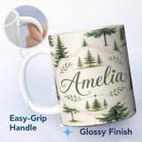 Personalized Custom Name Watercolor Pine Tree Forest Seamless Pattern Light Cream Background 11oz Ceramic Coffee Tea Mug White Large Handle