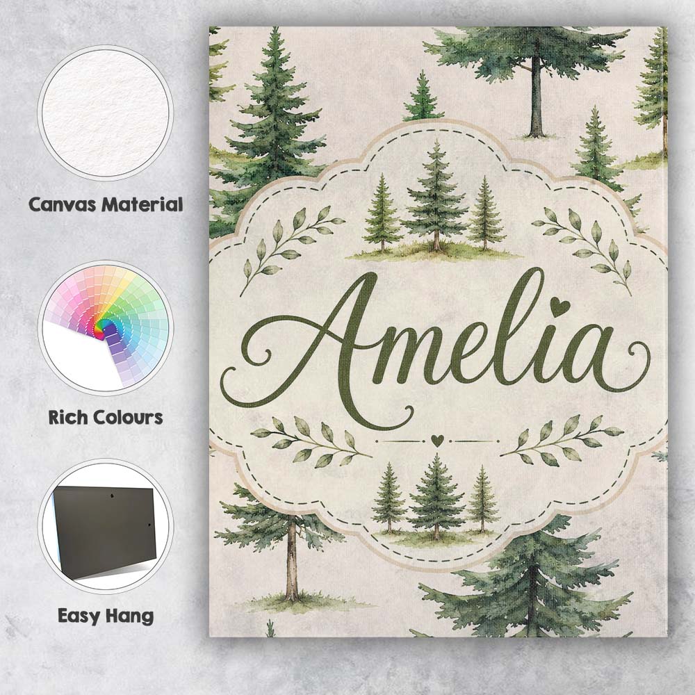 Personalised Name Watercolor Pine Tree Custom  Modern Room Accent Elegant Feature Canvas Wall Art Print Decor Picture Ready to Hang