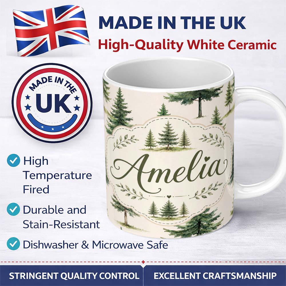 Personalized Custom Name Watercolor Pine Tree Forest Seamless Pattern Light Cream Background 11oz Ceramic Coffee Tea Mug White Large Handle