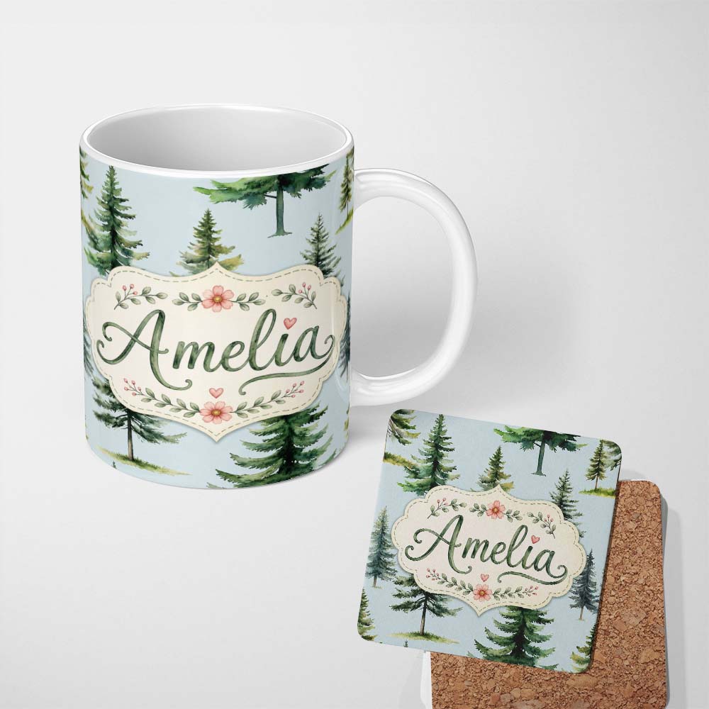 Personalized Custom Name Watercolor Pine Tree Forest Seamless Pattern Soft Blue Background 11oz Ceramic Coffee Tea Mug White Large Handle