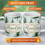 Personalized Custom Name Watercolor Pine Tree Forest Seamless Pattern Soft Blue Background 11oz Ceramic Coffee Tea Mug White Large Handle