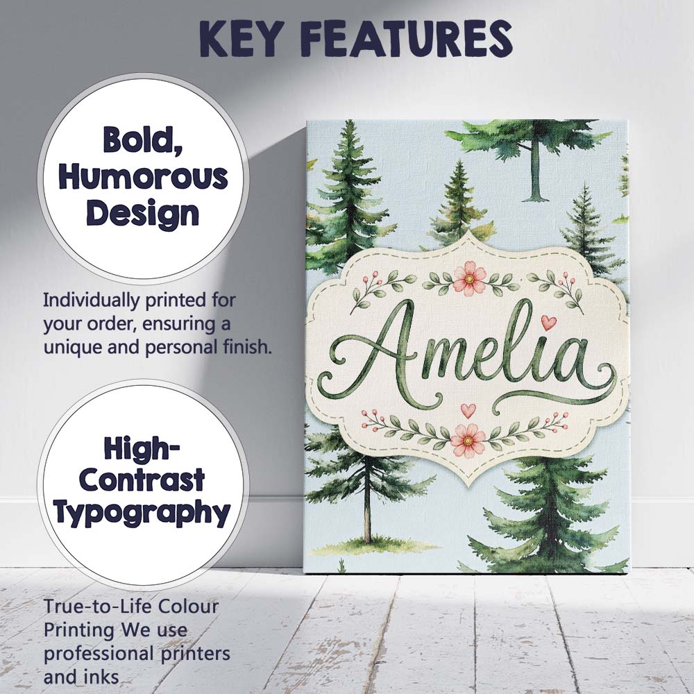 Personalised Name Watercolor Pine Tree Custom  Modern Room Accent Elegant Feature Canvas Wall Art Print Decor Picture Ready to Hang