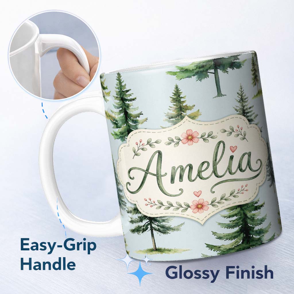 Personalized Custom Name Watercolor Pine Tree Forest Seamless Pattern Soft Blue Background 11oz Ceramic Coffee Tea Mug White Large Handle