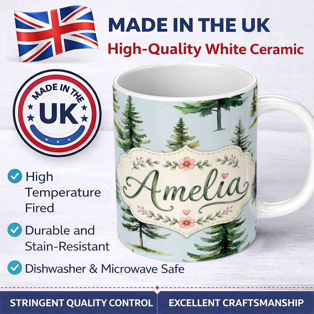 Personalized Custom Name Watercolor Pine Tree Forest Seamless Pattern Soft Blue Background 11oz Ceramic Coffee Tea Mug White Large Handle