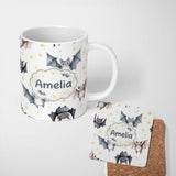 Personalized Custom Name Cute Baby Bats Flying with Stars Soft White Background Seamless 11oz Ceramic Coffee Tea Mug White Large Handle